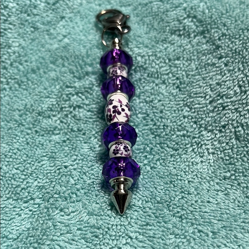 Purple and White Beaded Keychain